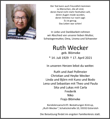 Traueranzeige von Ruth Wecker von Neue Westfälische