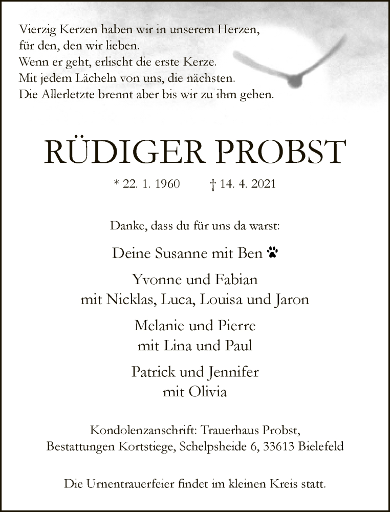  Traueranzeige für Rüdiger Probst vom 24.04.2021 aus Neue Westfälische