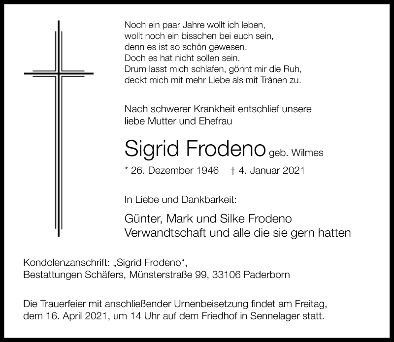  Traueranzeige für Sigrid Frodeno vom 10.04.2021 aus Neue Westfälische