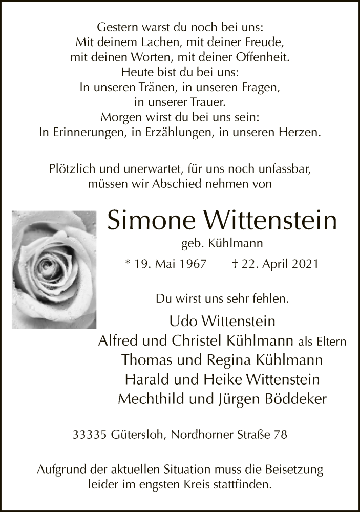  Traueranzeige für Simone Wittenstein vom 27.04.2021 aus Neue Westfälische