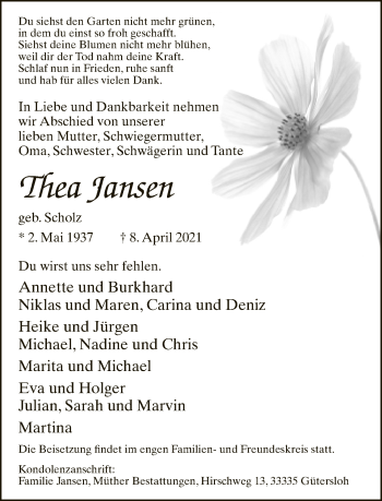 Traueranzeige von Thea Jansen von Neue Westfälische