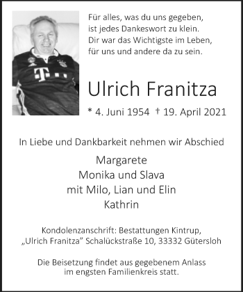 Traueranzeige von Ulrich Franitza von Neue Westfälische