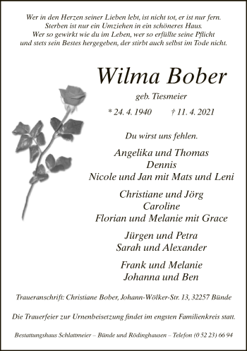 Traueranzeige von Wilma Bober von Neue Westfälische