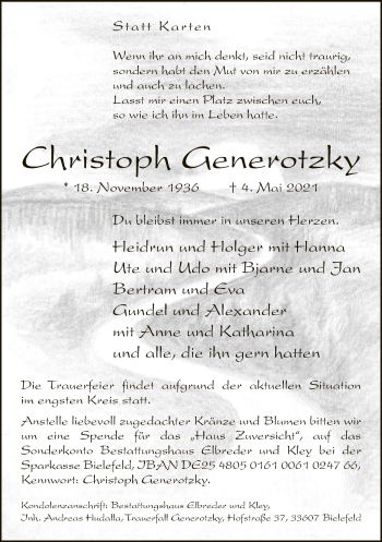 Traueranzeige von Christoph Generotzky von Neue Westfälische