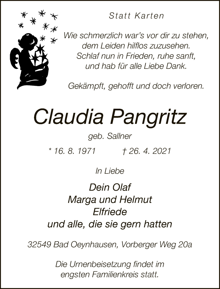  Traueranzeige für Claudia Pangritz vom 01.05.2021 aus Neue Westfälische