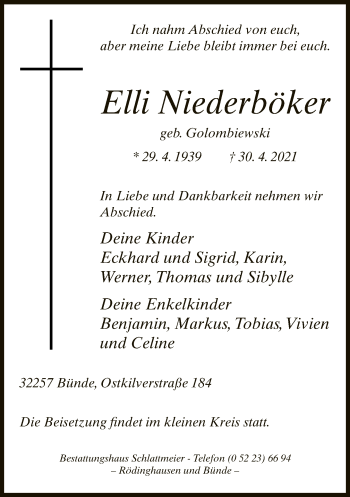 Traueranzeige von Elli Niederböker von Neue Westfälische