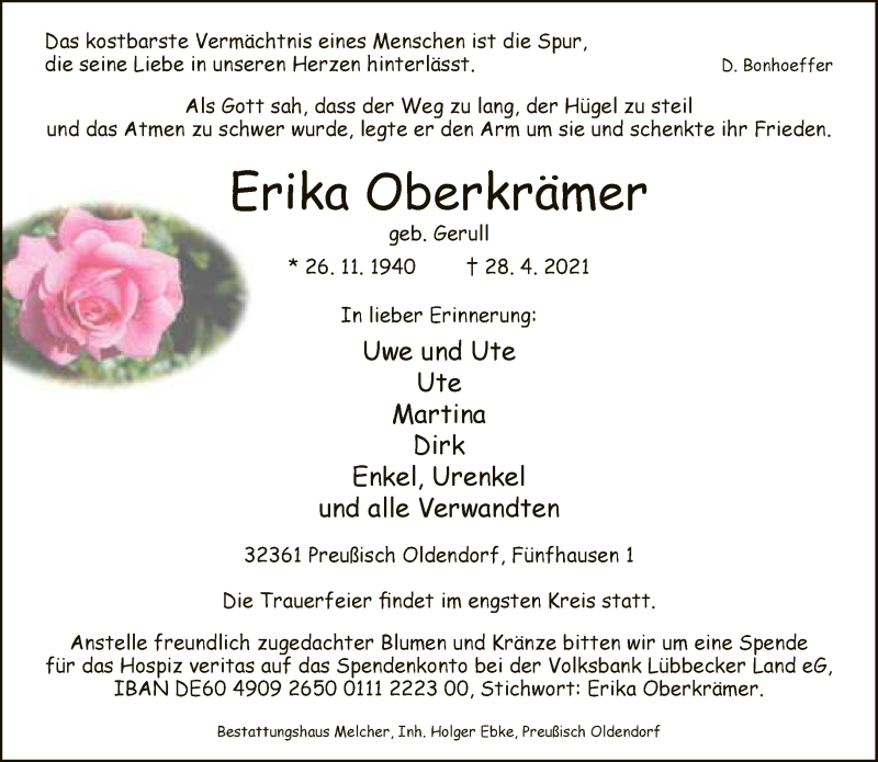 Traueranzeige für Erika Oberkrämer vom 04.05.2021 aus Neue Westfälische