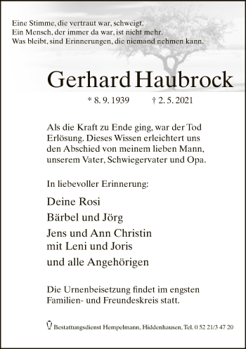 Traueranzeige von Gerhard Haubrock von Neue Westfälische