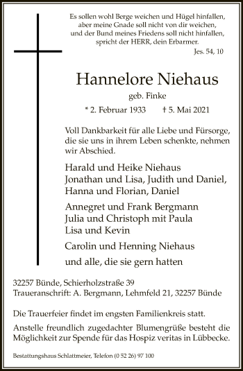 Traueranzeige von Hannelore Niehaus von Neue Westfälische