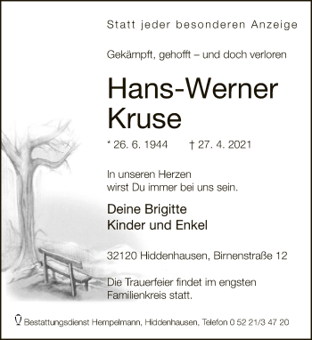 Traueranzeige von Hans-Werner Kruse von Neue Westfälische