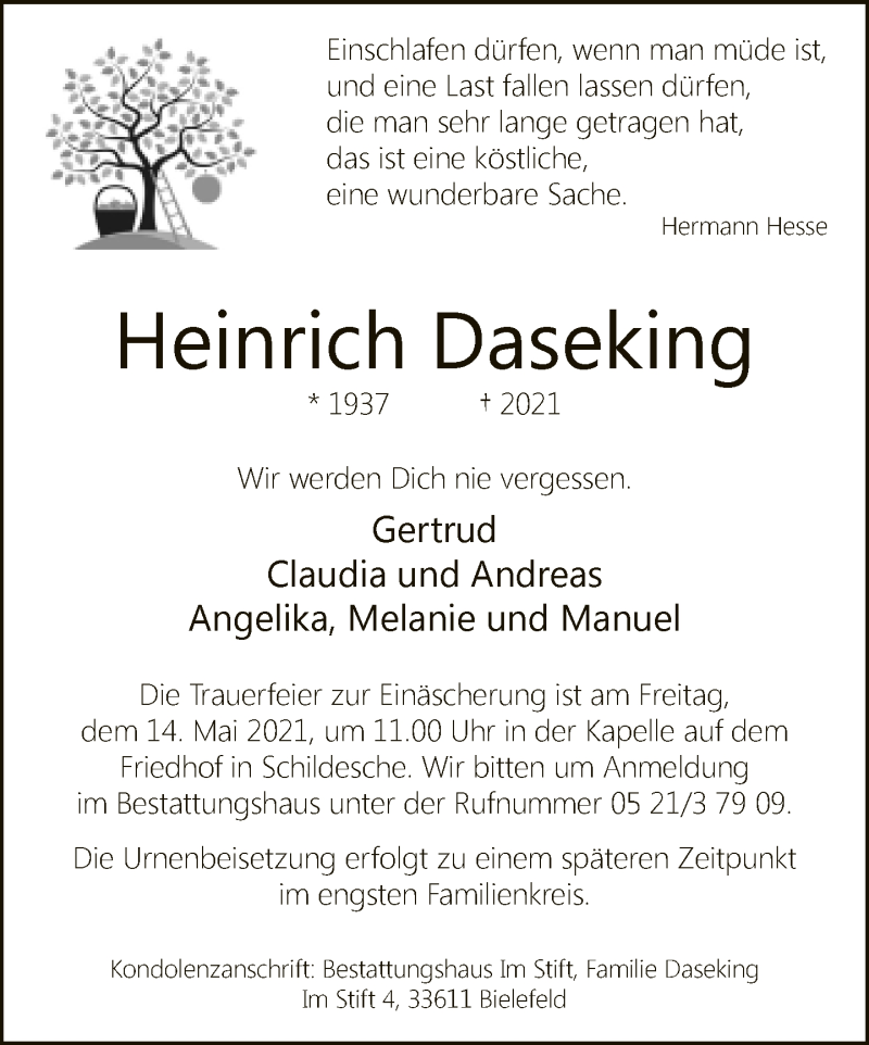  Traueranzeige für Heinrich Daseking vom 08.05.2021 aus Neue Westfälische