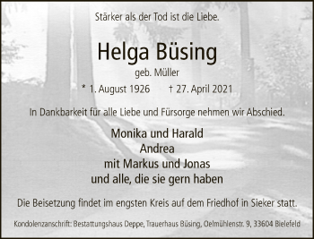 Traueranzeige von Helga Büsing von Neue Westfälische