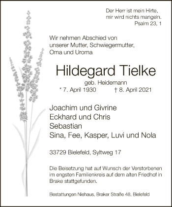 Traueranzeige von Hildegard Tielke von Neue Westfälische