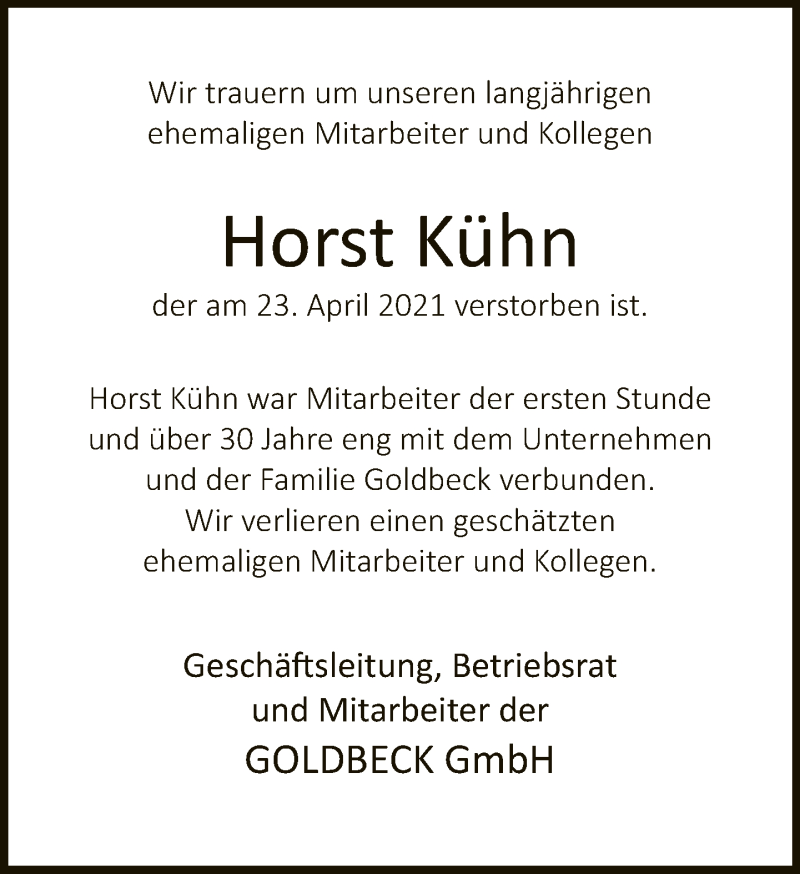  Traueranzeige für Horst Kühn vom 01.05.2021 aus Neue Westfälische