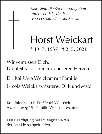 Traueranzeige von Horst Weickart von Neue Westfälische