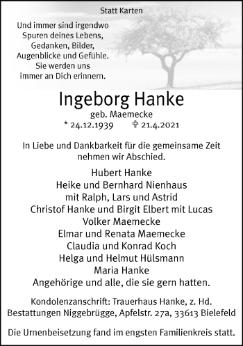 Traueranzeige von Ingeborg Hanke von Neue Westfälische