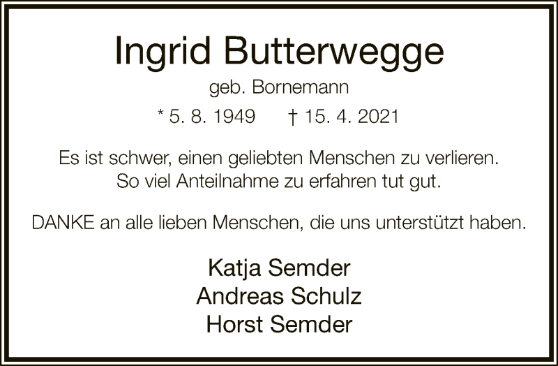 Traueranzeige für Ingrid Butterwegge vom 01.05.2021 aus Neue Westfälische
