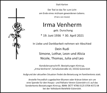 Traueranzeige von Irma Venherm von Neue Westfälische