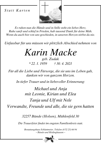 Traueranzeige von Karin Macke von Neue Westfälische