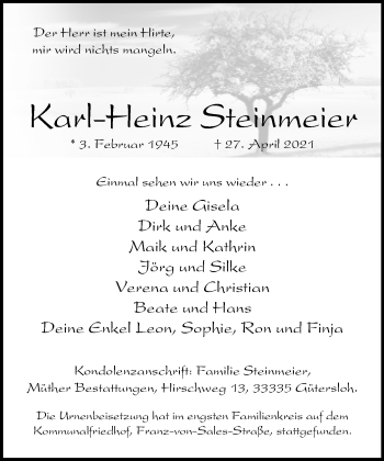 Traueranzeige von Karl-Heinz Steinmeier von Neue Westfälische