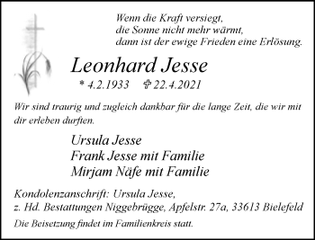 Traueranzeige von Leonhard Jesse von Neue Westfälische