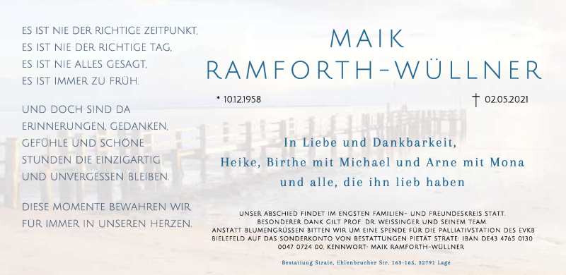  Traueranzeige für Maik Ramforth-Wüllner vom 05.05.2021 aus Neue Westfälische