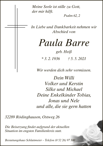 Traueranzeige von Paula Barre von Neue Westfälische