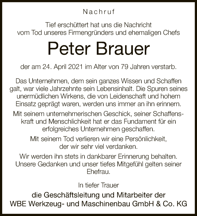  Traueranzeige für Peter Brauer vom 01.05.2021 aus Neue Westfälische