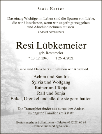 Traueranzeige von Resi Lübkemeier von Neue Westfälische