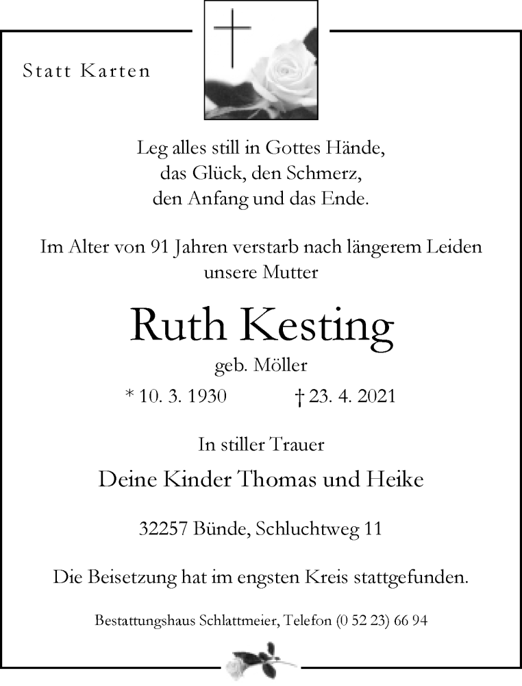  Traueranzeige für Ruth Kesting vom 01.05.2021 aus Neue Westfälische