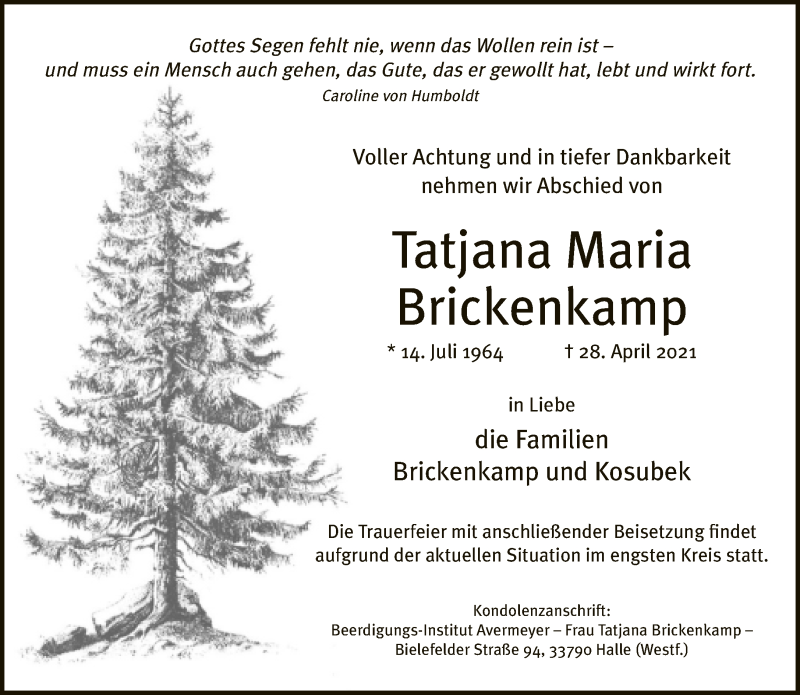  Traueranzeige für Tatjana Maria Brickenkamp vom 04.05.2021 aus Neue Westfälische