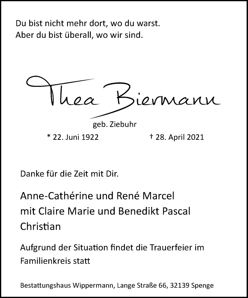  Traueranzeige für Thea Biermann vom 01.05.2021 aus Neue Westfälische
