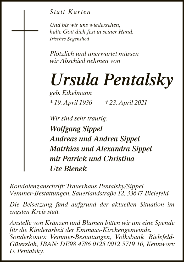  Traueranzeige für Ursula Pentalsky vom 01.05.2021 aus Neue Westfälische