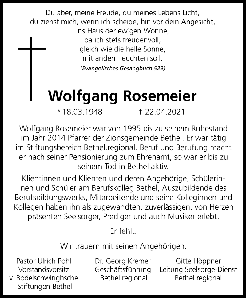  Traueranzeige für Wolfgang Rosemeier vom 01.05.2021 aus Neue Westfälische