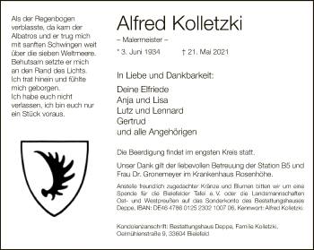 Traueranzeige von Alfred Kolletzki von Neue Westfälische