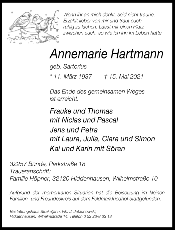 Traueranzeige von Annemarie Hartmann von Neue Westfälische