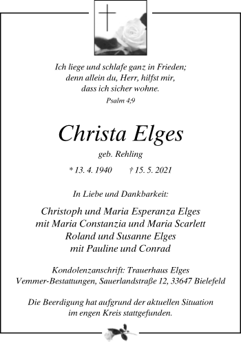 Traueranzeige von Christa Elges von Neue Westfälische