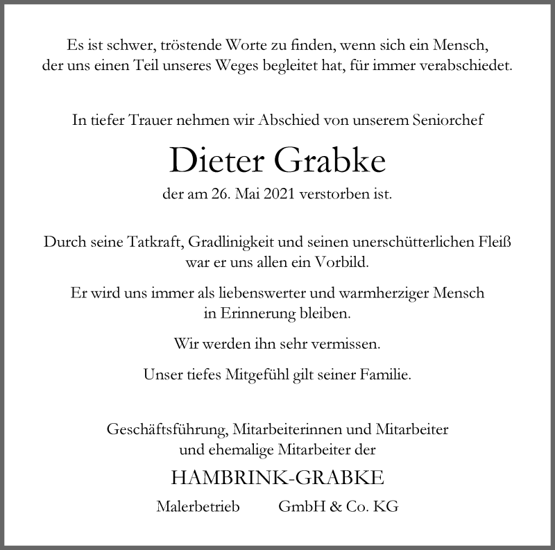  Traueranzeige für Dieter Grabke vom 29.05.2021 aus Neue Westfälische