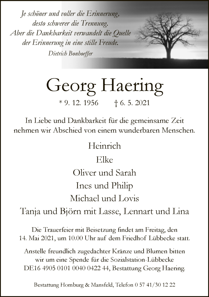  Traueranzeige für Georg Haering vom 11.05.2021 aus Neue Westfälische