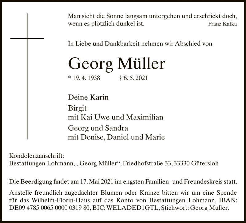  Traueranzeige für Georg Müller vom 13.05.2021 aus Neue Westfälische
