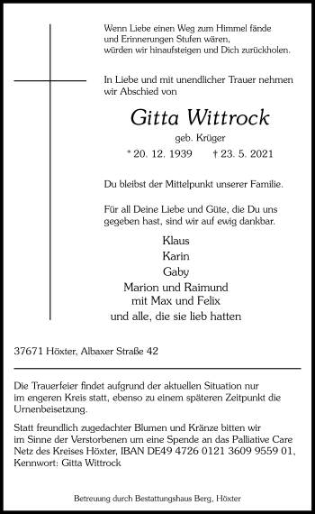 Traueranzeige von Gitta Wittrock von Neue Westfälische