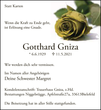 Traueranzeige von Gotthard Gniza von Neue Westfälische