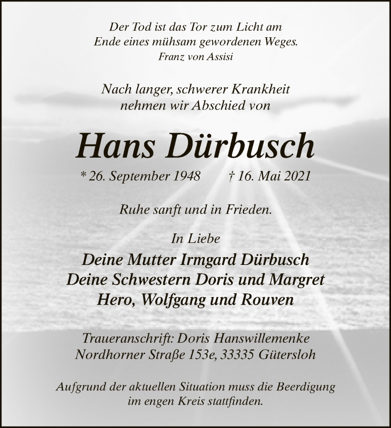  Traueranzeige für Hans Dürbusch vom 22.05.2021 aus Neue Westfälische