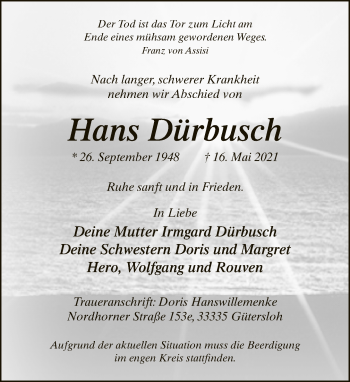 Traueranzeige von Hans Dürbusch von Neue Westfälische