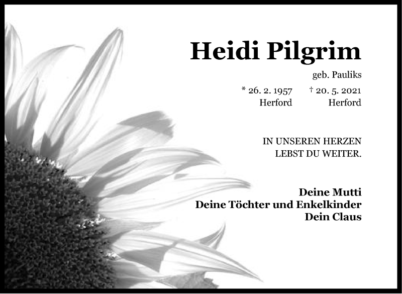  Traueranzeige für Heidi Pilgrim vom 27.05.2021 aus Neue Westfälische