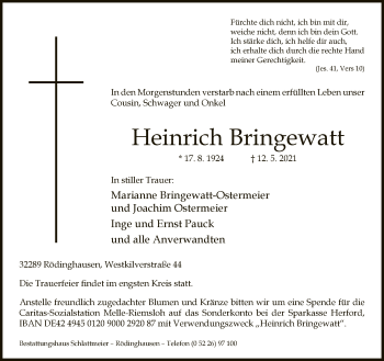 Traueranzeige von Heinrich Bringewatt von Neue Westfälische