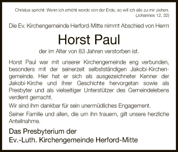 Traueranzeige von Horst Paul von Neue Westfälische