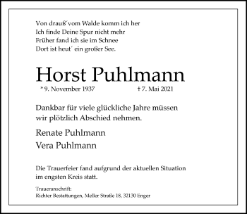 Traueranzeige von Horst Puhlmann von Neue Westfälische