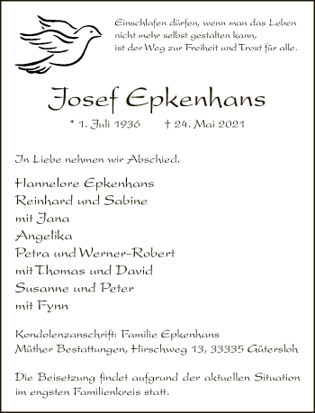 Traueranzeige von Josef Epkenhans von Neue Westfälische