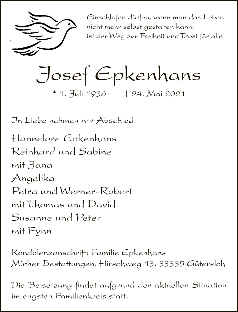  Traueranzeige für Josef Epkenhans vom 29.05.2021 aus Neue Westfälische